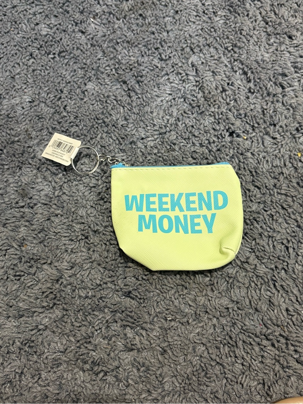 NWT “weekend money” yellow with blue writing keychain pouch